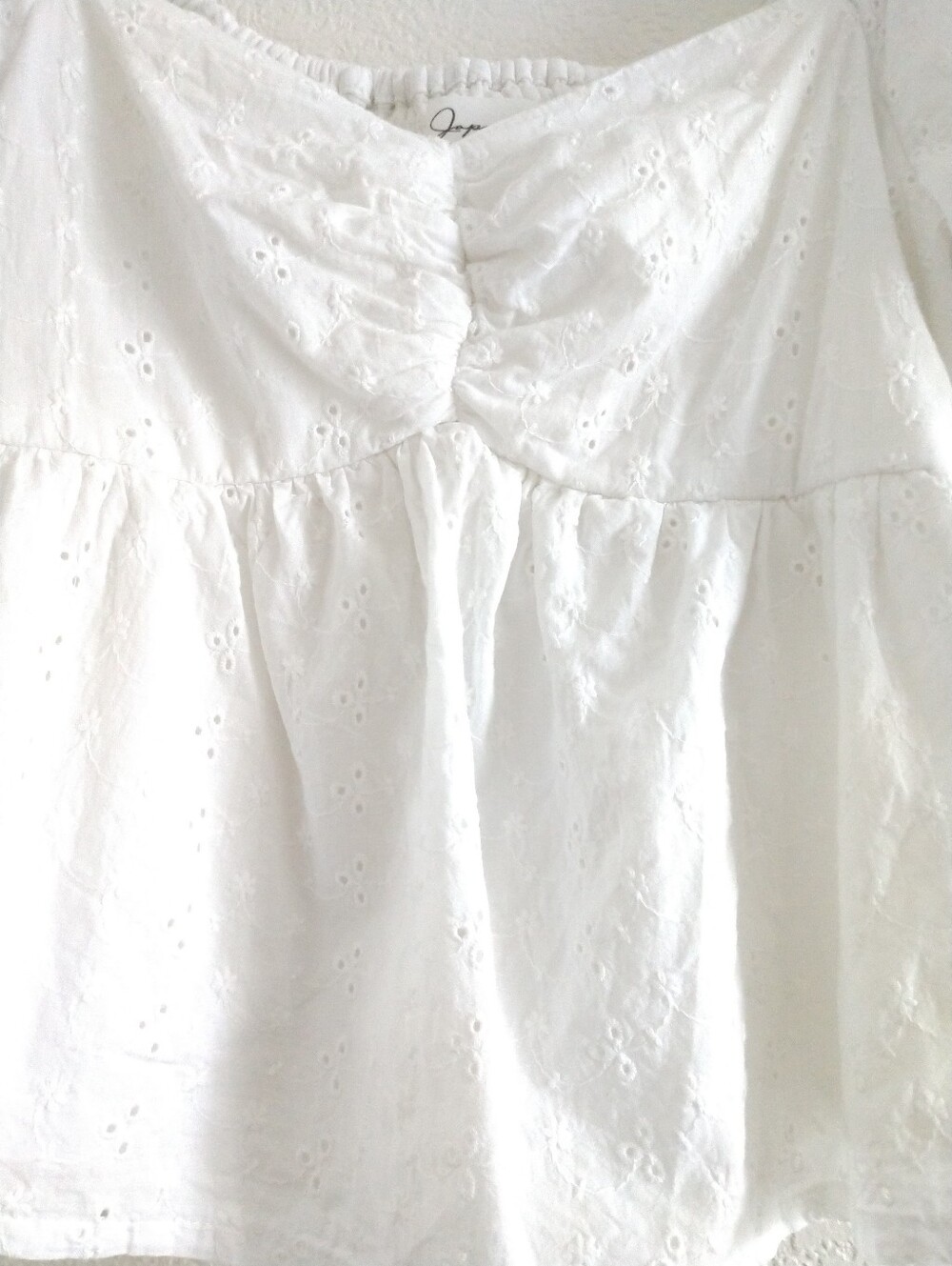 Adorable Japna White CROP Peasant Top Coquette White Eyelet Puff Sleeves Small - Picture 3 of 12